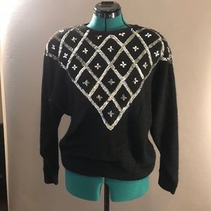 Vintage 80s Black Silver Sequin Sweater Medium